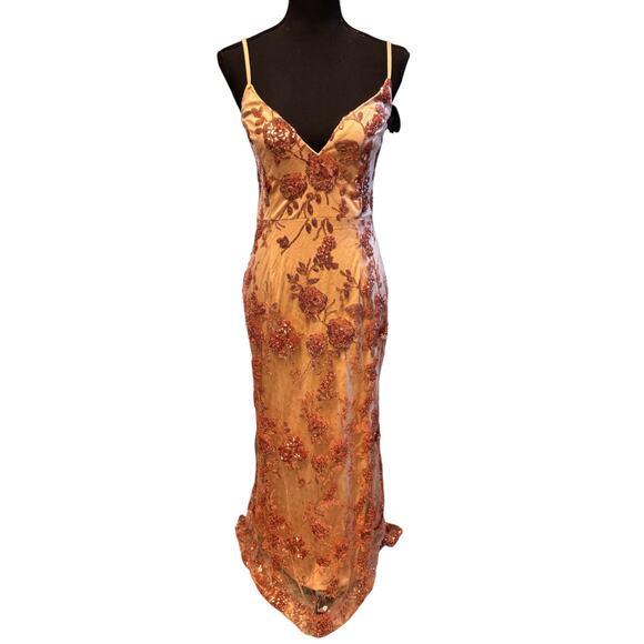 Lulus NWT Sequin Floral Lace Maxi Dress Spaghetti Strap Formal Evening Gown Sz L - Picture 2 of 9